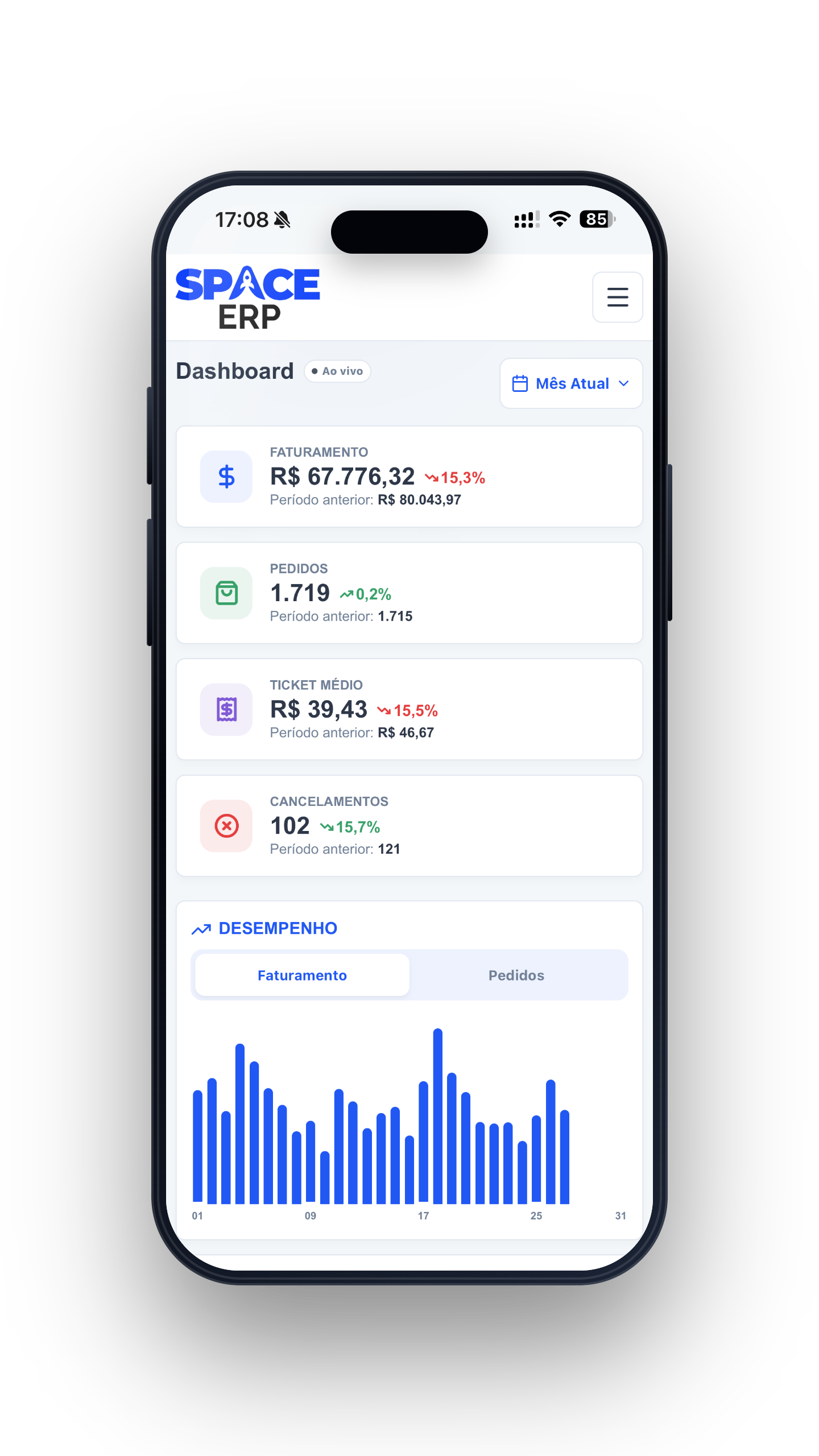 Space ERP aberto em um iPhone 17 Pro Max