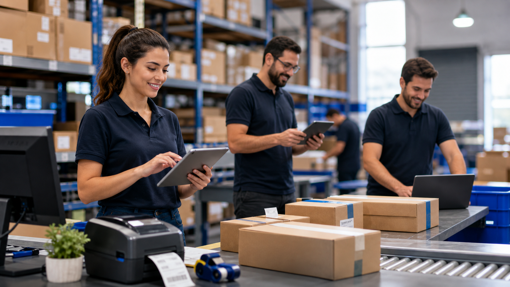 Equipe em operação logística usando sistema em galpão