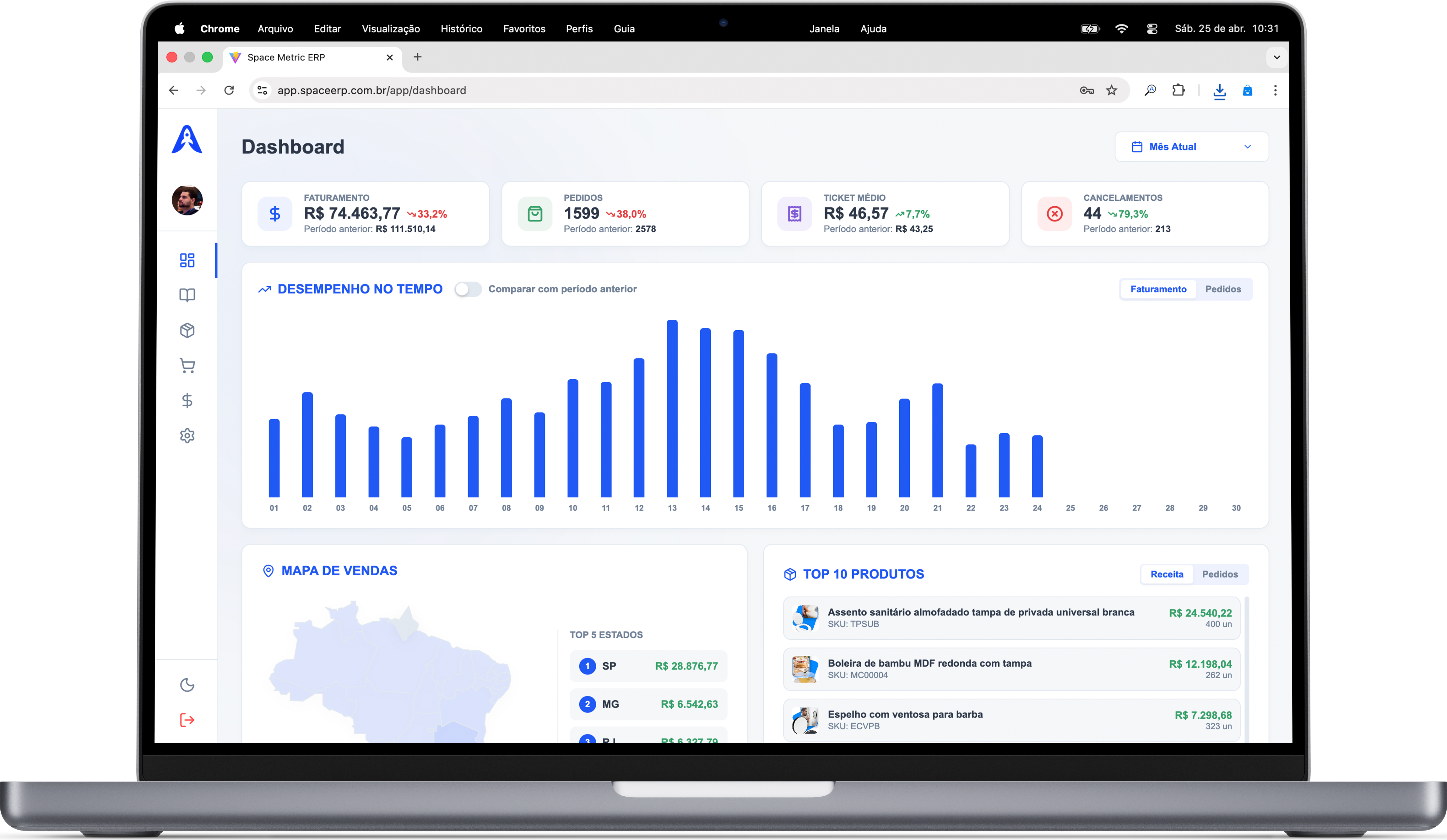 Dashboard do Space ERP aberto em um MacBook